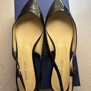 Sarah Flint Stella Black Patent Pointed-Toe Slingback Flats with Gold Buckle